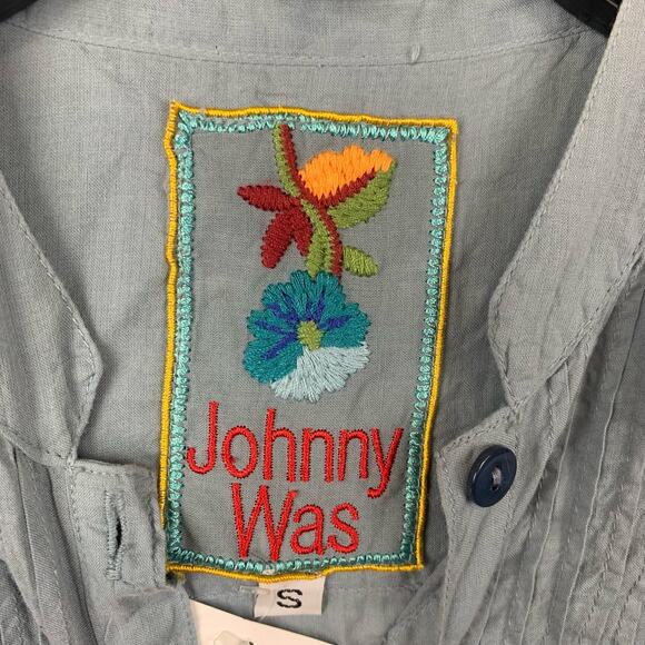 Johnny Was Shirt Dress Blue Painter Smock Embroidered Pockets Pintuck Size Small - Picture 7 of 10